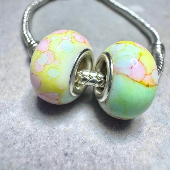 Yellow Pastel Spacer Beads Set Watercolor Swirls Fits Pandora Bracelet - Picture 3 of 10
